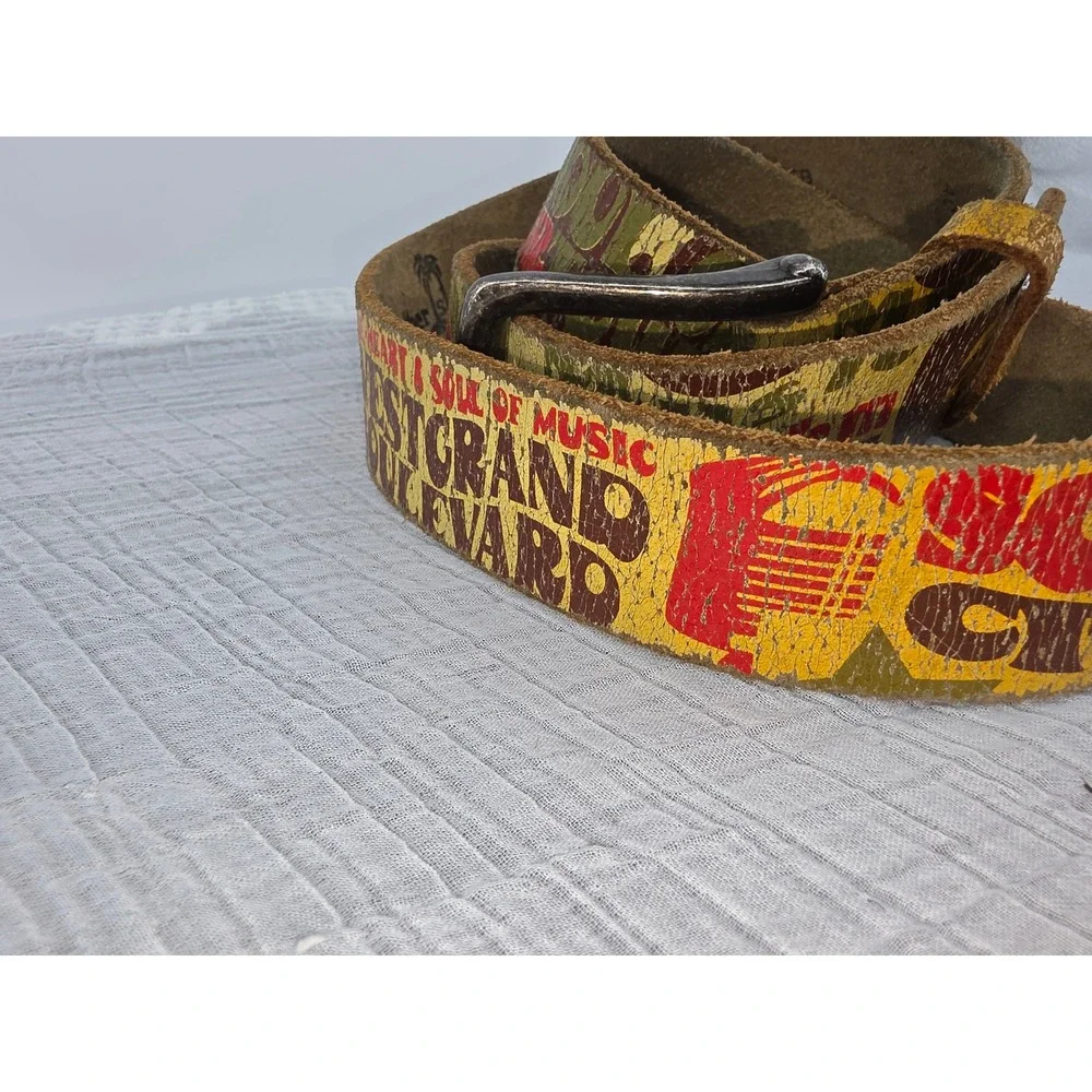 Leather Island Bill Lavin Graphic Leather Belt Music Soul Skulls Distressed 34